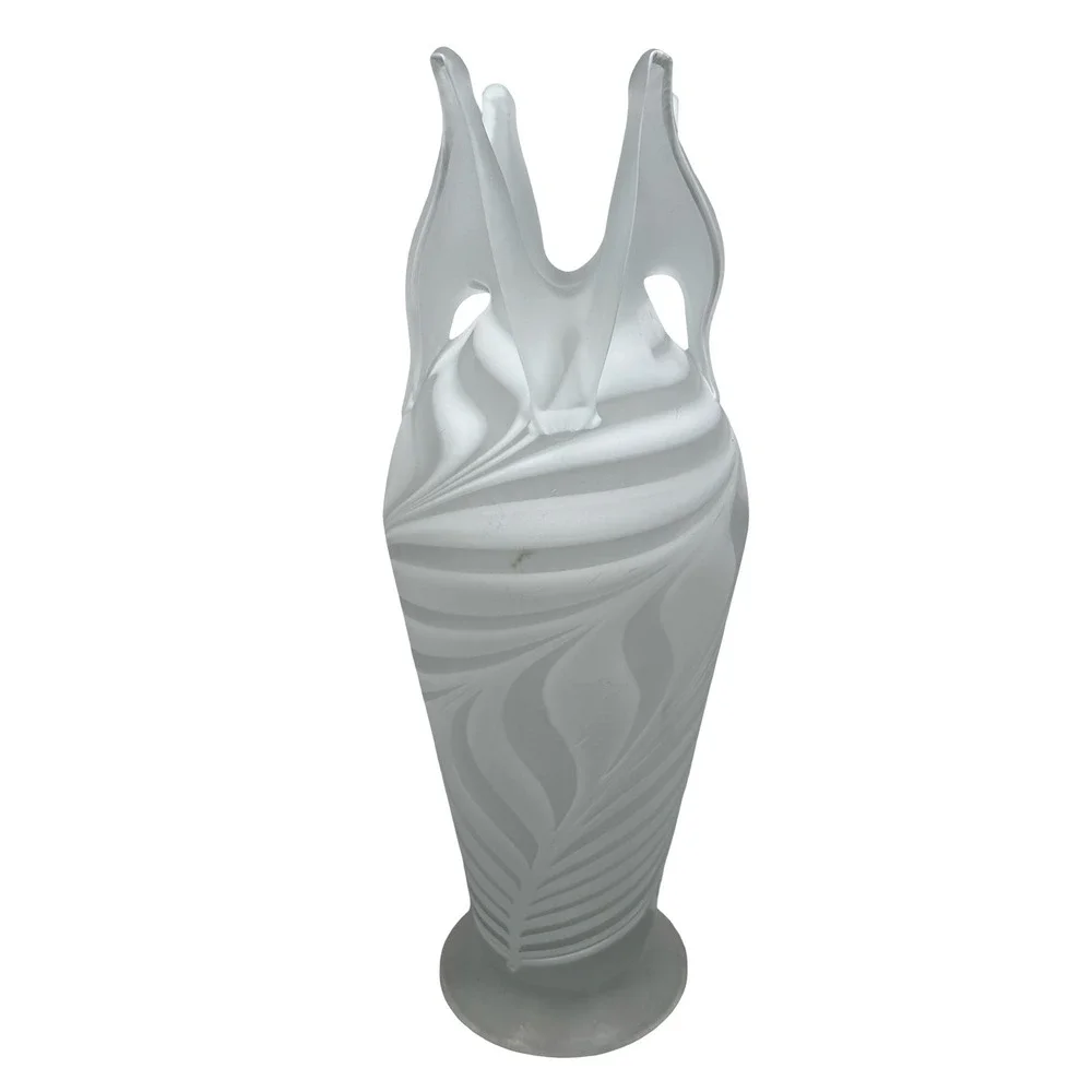 Essie E Zareh White Frosted Art Glass Swirl Vase Baijan Pulled Rim 11